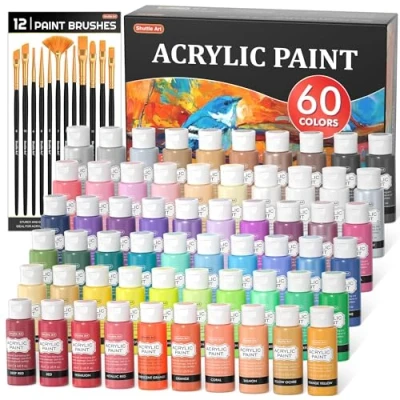 Image of Shuttle Art 72 Pack Acrylic Paints Set, 60 Colours Paint (2oz,60ml) with Extra White Black &amp; 12 Brushes, Rich Pigmented, Water Proof, Ideal for Artists, Beginners on Canvas Rock Wood Ceramic