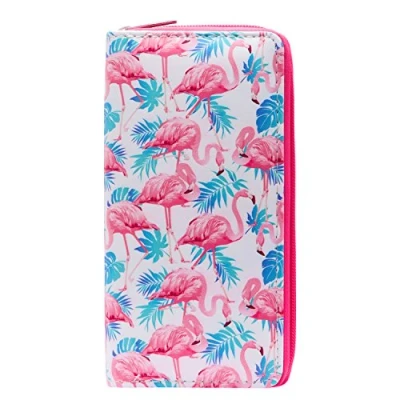 Image of DonDon Ladies and Girls Purse Wallet with Zip Fastener Flamingos Leaves