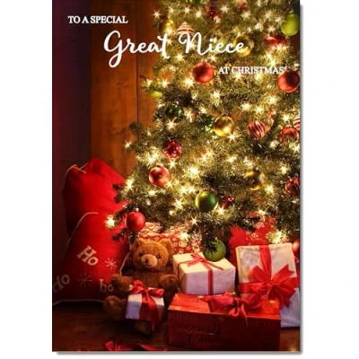 Image of doodlecards Great Niece Christmas Card Teddy by Tree Medium Size for with Plain Envelope