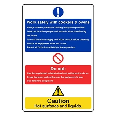 Image of 200mmx300mm Works Safety With Cookers and Ovens Catering Information Sign Sticker Self Adhesive