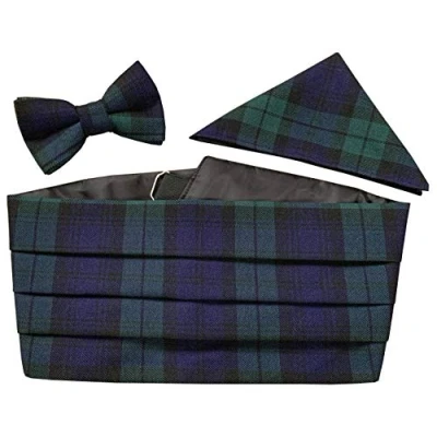 Image of Men&#039;s Black Watch Tartan Cummerbund Set (Includes Bow Tie &amp; Hanky)
