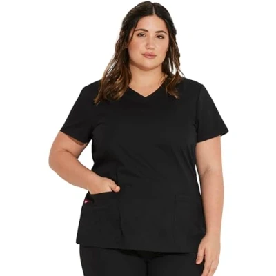 Image of Dickies womensMultiple Patch PocketsEds Signature V Neck Top with Multiple Pockets Short Sleeves Medical Scrubs Shirt Black Small