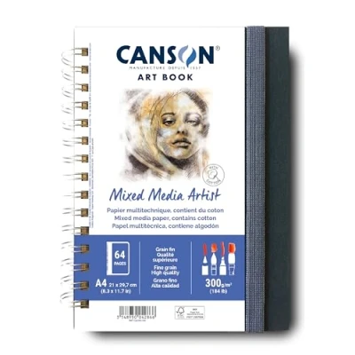 Image of CANSON Professional Art Book, Fine Grain Mixed Media Paper, 300gsm, A4 Spiral Portrait Notebook, 28 White Sheets, Ideal for Artists &amp; Students