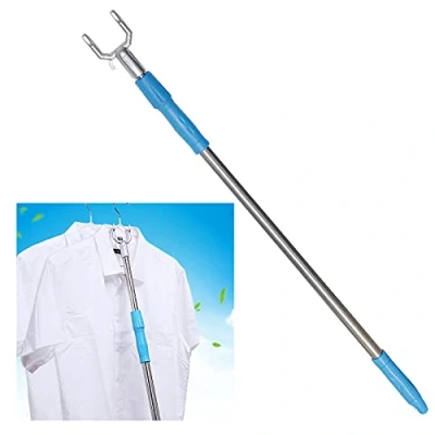 Image of Retractable Clothesline Pole, 55&quot; Closet Hook Pole Adjustable Hook, Steel Telescopic Handle Clothing Suitable for Wardrobe, Clothesline, Hanger, Hanger Rod (Blue)