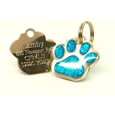 Image of 27mm Glitter Paw Dog Pet ID Tag Disc (Turquoise) Enter Your Own Custom Text