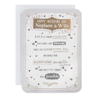 Image of Happy Wedding Day Nephew &amp; Wife On Your Card White/Silver/Gold Words/Hearts 3D/Foil Detail(PRELUDE47272)