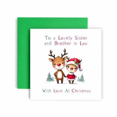 Image of Huxters Festive Christmas card for Sister and Brother In Law Reindeer Cute Design Santa Xmas Traditions (Sister Law)