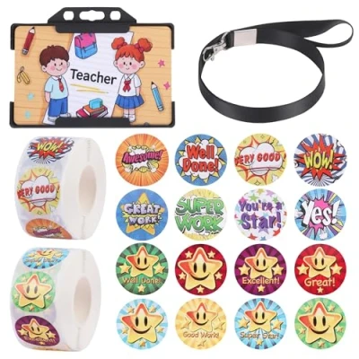 Image of Teacher Role Play for Kids, Pretend Set ID Card, Card Holder and Lanyard with 2 Rolls Reward Stickers (Black)