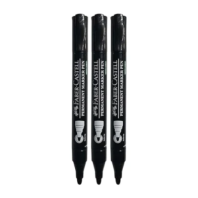 Image of Faber Castell Permanent Marker Pens, BLACK, Bold Point (2.5mm), Pack of 3, Waterproof Dense Markers, Refillable, Writes n Marks on Most Surfaces
