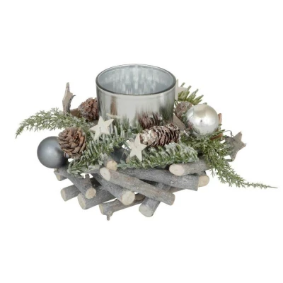 Image of 12cm Round Wooden Christmas Candle Holder Decoration Rustic Grey Sticks Silver Baubles White Stars Pine Cones Tealight Votive Festive Tabletop