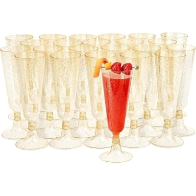 Image of MATANA 24 Premium Elegant Plastic Champagne Flutes with Gold Glitter, 150ml Reusable Toasting Glasses, Cocktail Prosecco Glasses for Weddings, Birthdays, Christmas, BBQ, Parties
