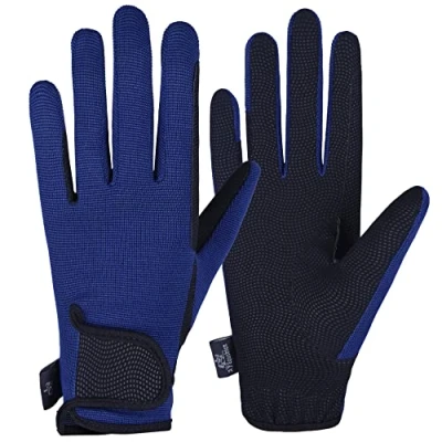 Image of AFE Ladies Horse Riding Gloves Track Fabric Synthetic Leather Equestrian Black Stretch Navy Blue (Medium)