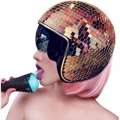 Image of Bivwopei Disco Ball Helmet,Disco Hat,Mirror Glitter Helmets,With Retractable Visor,for DJ Party (Rose gold)