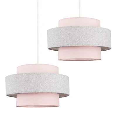 Image of Pair of Modern Cylinder Ceiling Pendant Light Shades in a Pink &amp; Grey Herringbone Finish Complete with 10w LED GLS Bulbs [3000K Warm White]