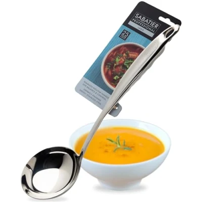 Image of Sabatier Professional Large Metal Ladle Mirror Polished Stainless Steel. Strong Kitchen Cooking Utensil Tool. Perfect for Serving Soups, Sauces and Stews. 5 Year Guarantee, Dishwasher Safe