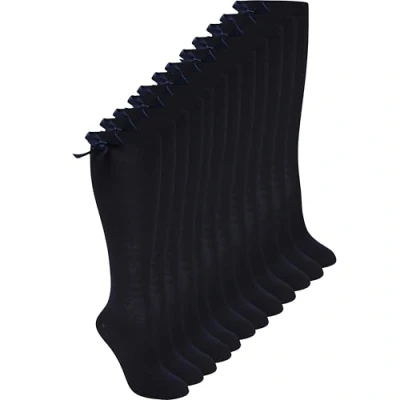 Image of Pack Of 6 Girls Knee High Bow Socks, Navy, 9 12 (EU 27 30)