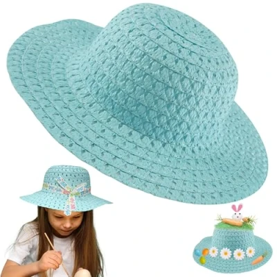 Image of SRV Hub 52cm Circumference Blue Easter Bonnet Hat Natural Straw Material Kids DIY Activity, Birthday Party Gifts for Unisex 5 10 Years