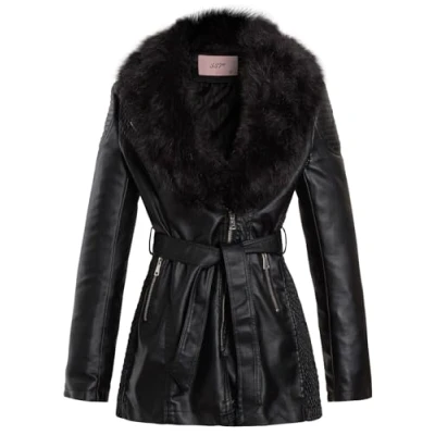 Image of SS7 Womens Faux Leather Biker Coat with Fur Collar Black