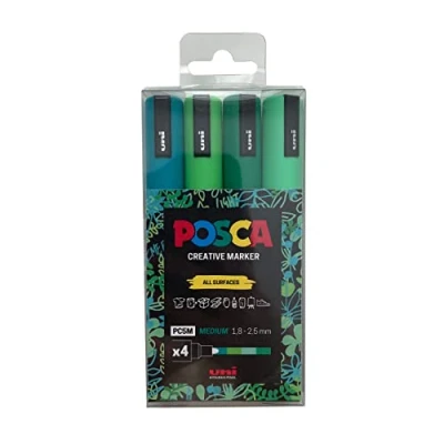 Image of POSCA Pens PC 5M Medium Acrylic Felt Tip Coloured Permanent Paint Markers for Adults and Kids. Perfect Colouring, Fabric, Graffiti, Watercolour, Outline Drawing, Window Glass Art. 4 Pack