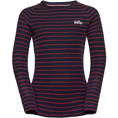 Image of Odlo Kids functional underwear long sleeve shirt with striped print ACTIVE WARM ORIGINALS ECO, dark sapphire sundried tomato, 140