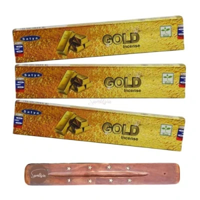 Image of Satya Nag Champa Gold incense sticks x3 pack with SAMASIA holder Used for Aromatherapy, Spa, Yoga, Weddings, Meditation, Healing, Positivity and Relaxation