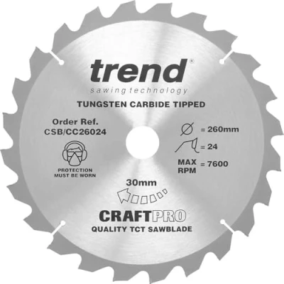 Image of Trend Wood Mitre Saw Blade, 260mm Diameter, 30mm Bore, 24 Teeth, TCT, 2.6mm Kerf, 5 Hook, CSB/CC26024