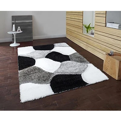 Image of Modern Area Rug, Polypropylene Geometric Super Soft Shaggy Rectangular Mat, for Bedroom, Living Room, Long Hall Runner Carpet, Black White, 160x230