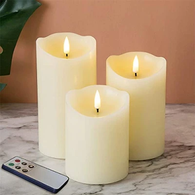 Image of Eywamage Ivory Flameless Pillar Candles with Remote, Flickering Real Wax LED Battery Set of 3