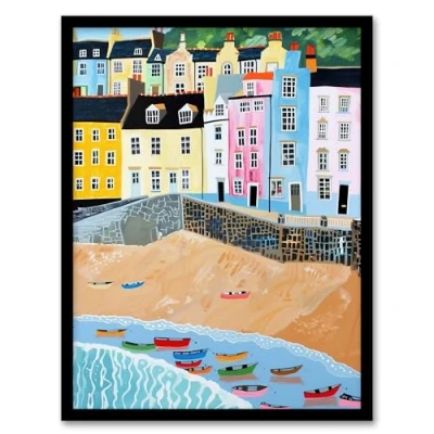Image of Artery8 Tenby Beach Harbour Colourful Coastal Townscape Living Room Artwork Framed Wall Art Print A4