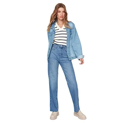 Image of Trendyol Women High Waist Straight Leg 90&#039;s Wide Jeans Blue