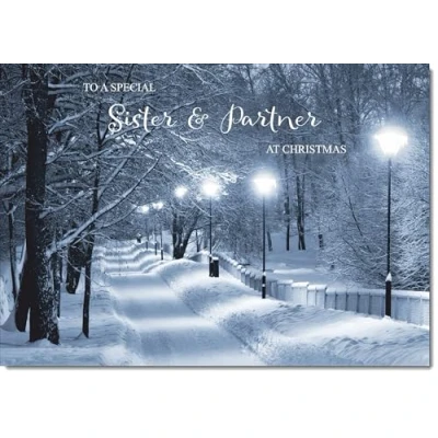 Image of doodlecards Sister and Partner Christmas Card Snowy Street Scene Medium Size for &amp; with Plain Envelope