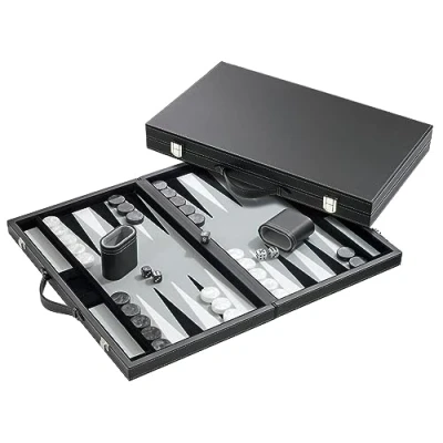 Image of Philos 18.5 inch Backgammon Set in Black Case with Grey Felt Surface, Accessories Included