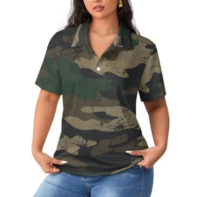 Image of Camo Camouflage Women&#039;s Short Sleeve Polo Shirts Casual Collared T Golf Sport Blouses Tops M