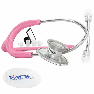 Image of MDF Acoustica Lightweight Stethoscope for Doctors, Nurses, Students, Home Health Use, Adult, Dual Head, Pink Tube, Silver Chestpiece Headset, MDF747XP01