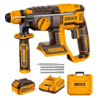 Image of INGCO Lithium Ion 20V Rotary Hammer with Brushless Motor, 4IN1 Function Adjust Knob, 1100RPM, 5400BPM, 2.0J, 3Pcs Drill Bits and 1Pcs Chisel 4.0Ah Battery, Charger CRHLI202081
