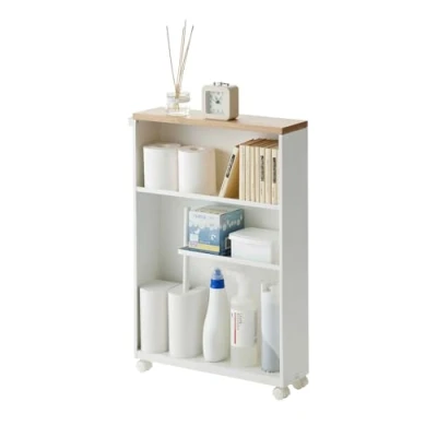 Image of YAMAZAKI Home Rolling Slim Bathroom Cart with Handle Storage Shelf Organizer Rack, Steel, White, One Size