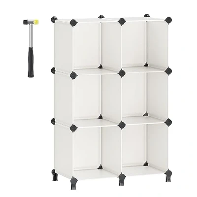 Image of SONGMICS 6 Cube Storage Unit, Modular Plastic Organiser with Feet, Shoe Rack, Each 30 x cm, Living Room, Bedroom, Study, Rubber Mallet, Cream White LPC111M01