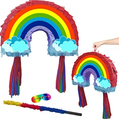 Image of Rainbow Pinata with stick and blindfold