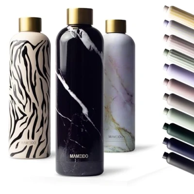 Image of MAMEIDO Metal Water Bottle 1l, 750ml &amp; 500ml Leak Proof Insulated Bottle. BPA Free Stainless Steel, Thermo Flask (Pearl Marble Gold, 1000ml)