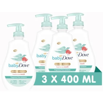 Image of Baby Dove Fragrance Free Head to Toe Wash Gentle &amp; Soothing Hair and Body for Babies, Nourishing Moisturising Sensitive Skin, Tear Formula, Ideal Newborns 400ml, Pack of 3