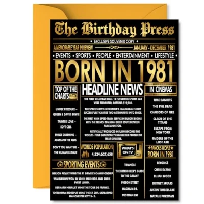 Image of Gold 44th Birthday Card for Men Women Black &amp; Golden Newspaper Born in 1981 Happy 44 Cards Nephew Dad Niece Neighbour Colleague Friend, A5 Bday Greeting