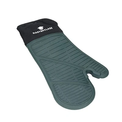 Image of MasterClass Silicone Oven Gloves, Heat Resistant Mitts with Cotton Padding, Single Sided Non Slip Gloves for Cooking and Baking, BPA Free, Black/Hunter Green