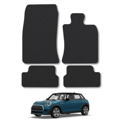 Image of Rubber Car Mats Compatible with Mini Cooper (2006 2014) [R56] Tailored Fit Floor Set Accessory Black Custom 4 Pieces Clips Anti Slip Backing, Heavy Duty &amp; Waterproof