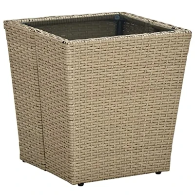 Image of vidaXL Outdoor Tea Table with Tempered Glass Top, Beige Poly Rattan Garden Table, Industrial Designed, Assembly required, Weather Resistant, Square Patio
