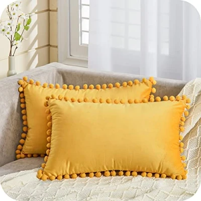 Image of Topfinel Cushion Covers,Christmas Design Yellow Rectangle Outdoor Covers 12x20,Boho Mustard Velvet Pom Soft Cover 30x50 with Invisible Zip for Sofa Chair Living Room,Pack of 2…