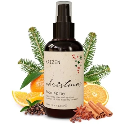 Image of KAIZEN Christmas Room Spray Holiday Mist Cinnamon, Clove, &amp; Sweet Orange Essential Oils Create a Cozy Festive Atmosphere Warm, Spicy, Citrusy Notes for the Perfect Seasonal Scent, 100ml