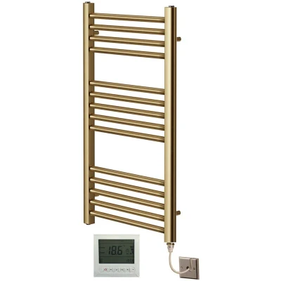 Image of Greened House Electric Brushed Brass Straight Heated Towel Rail 400mm Wide x 800mm High Flat Radiator + Timer and Thermostat