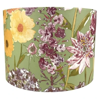 Image of Floral Lampshade for Ceiling &amp; Table Lamps Wildflower Light Shade, Green, Pink, White Flowers on Sage Green Background, Botanical Home Decor