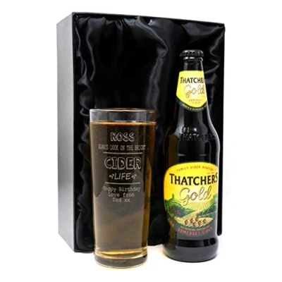 Image of Personalised Engraved Pint Glass &amp; Cider Gift Set Bright Life Design (Thatchers Gold Somerset Cider, Silk Lined Box)