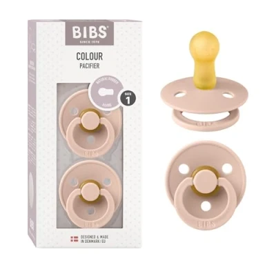 Image of BIBS Colour Soother 2 Pack, BPA Free Dummy Pacifier, Round Nipple. Natural Rubber Latex, Size 1 (0 6 Months), Blush/Blush